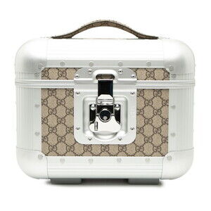 Gucci GG Supreme FF Milano Handbag Beauty Case Wallet Beige Tan Silver Aluminum